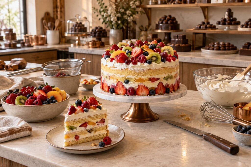 Illustration éditoriale du sujet : Délicieuse recette simple de gâteau aux multiples fruits