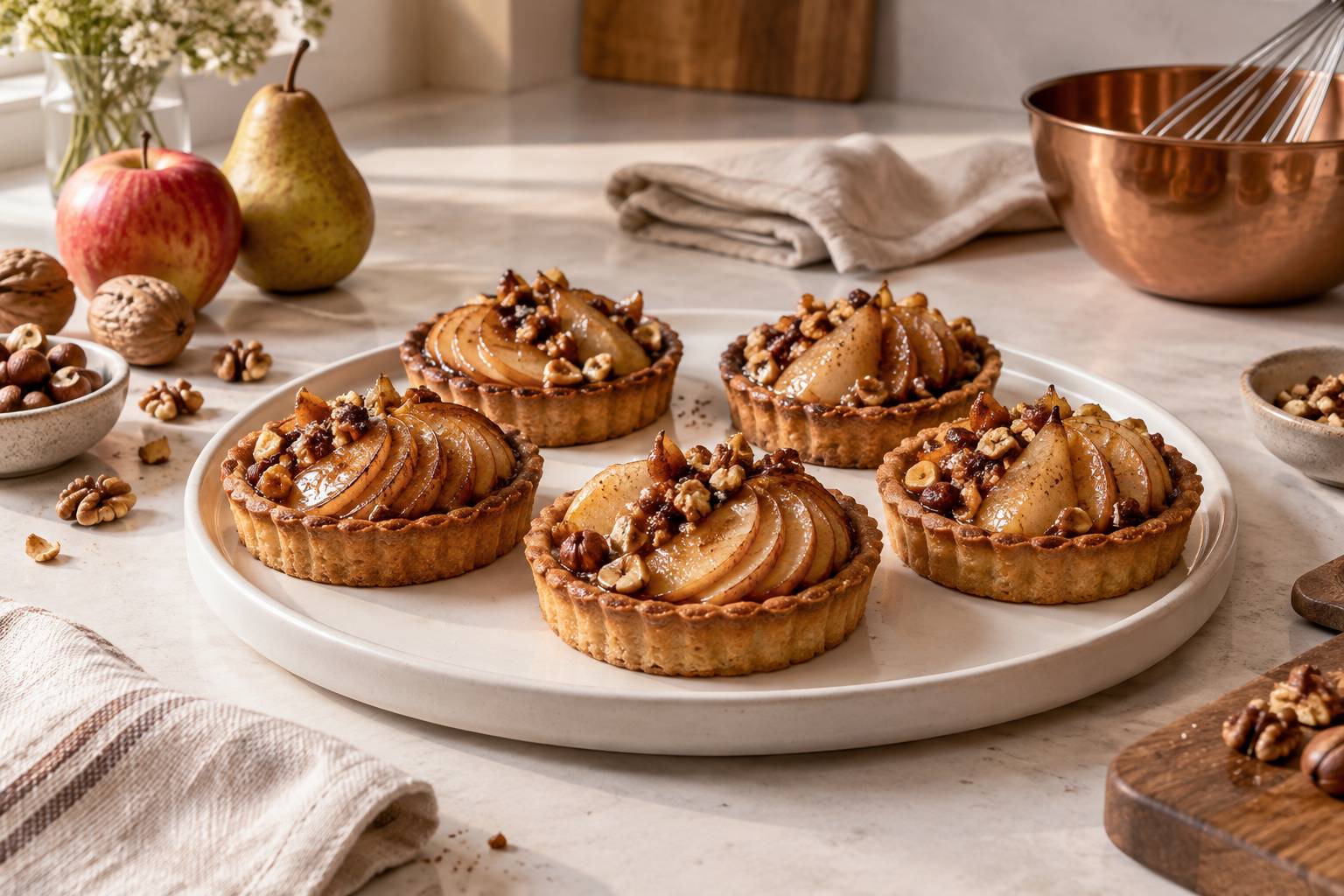 Illustration éditoriale du sujet : Délicieuses tartelettes gourmandes aux pommes, poires et éclats de noix
