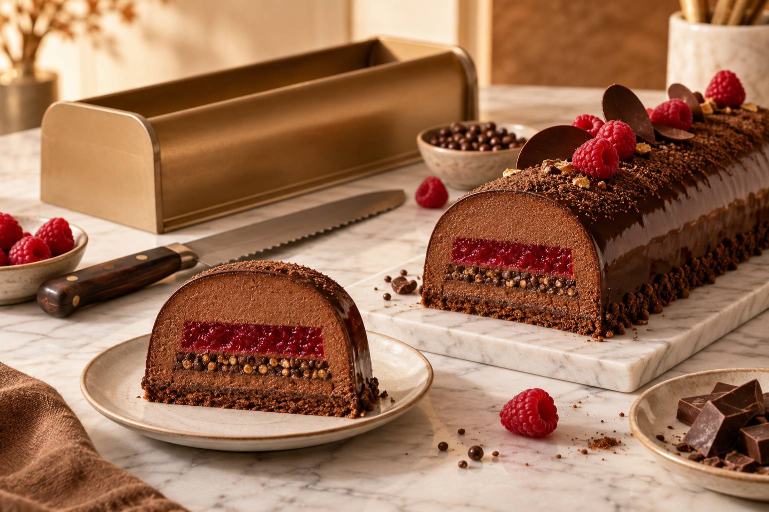 Coupe d'une bûche montrant l'insert framboise et le croustillant