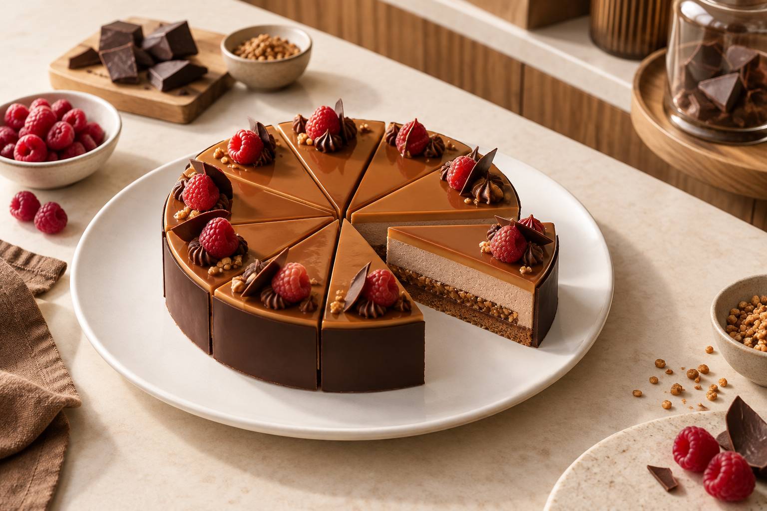 Entremets decoupe en parts nettes revelant biscuit, croustillant et mousse