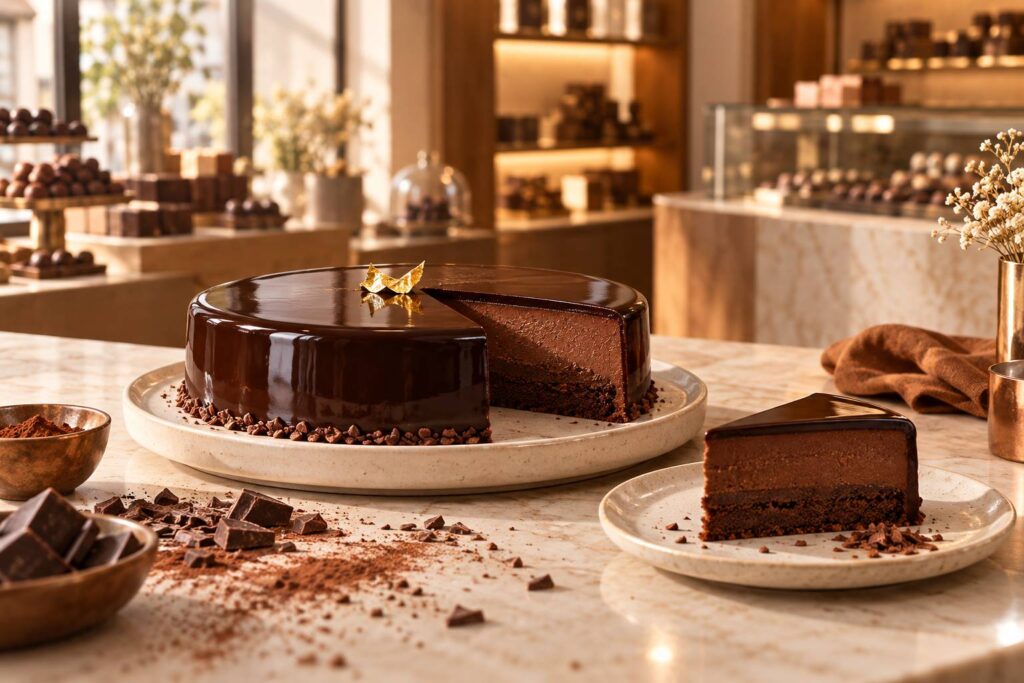 Entremets au chocolat nappé de ganache brillante avec feuille d'or sur une assiette en céramique