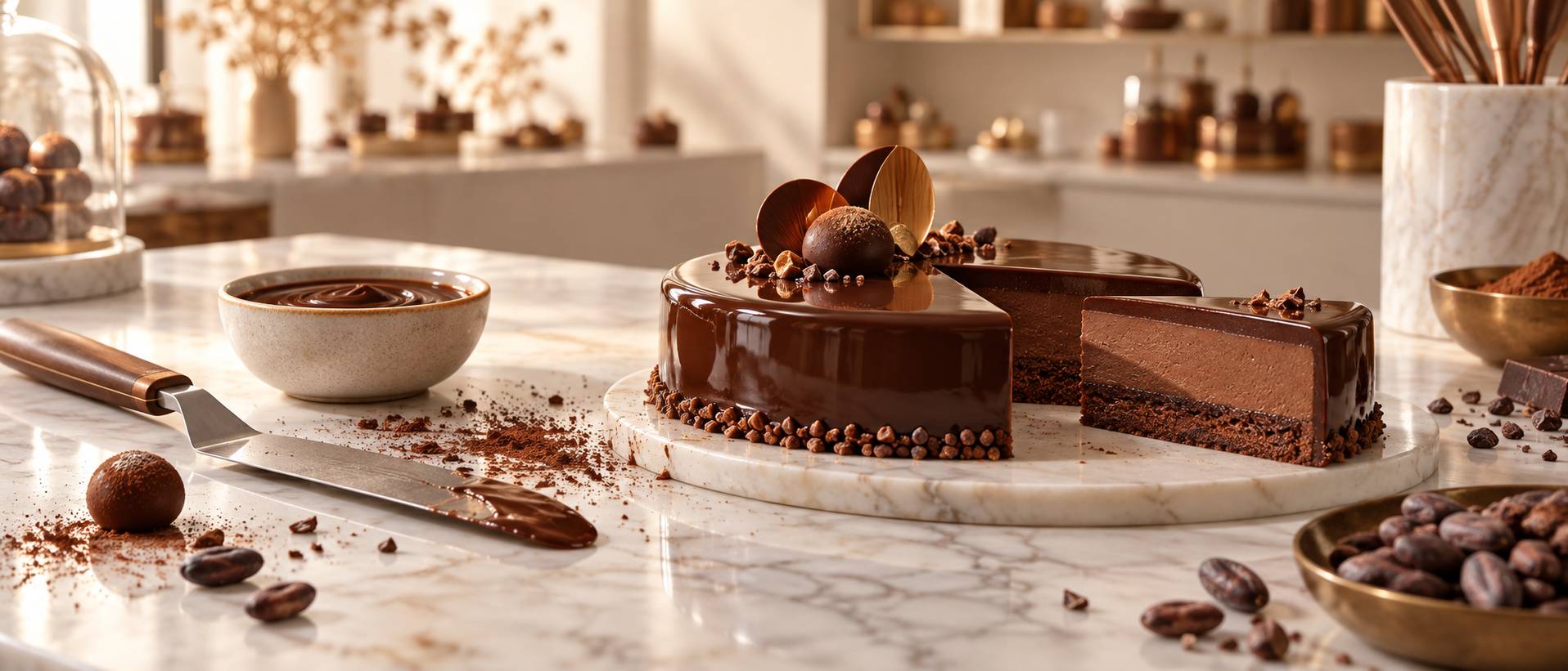 Entremets au chocolat nappé de ganache brillante avec feuille d'or sur une assiette en céramique