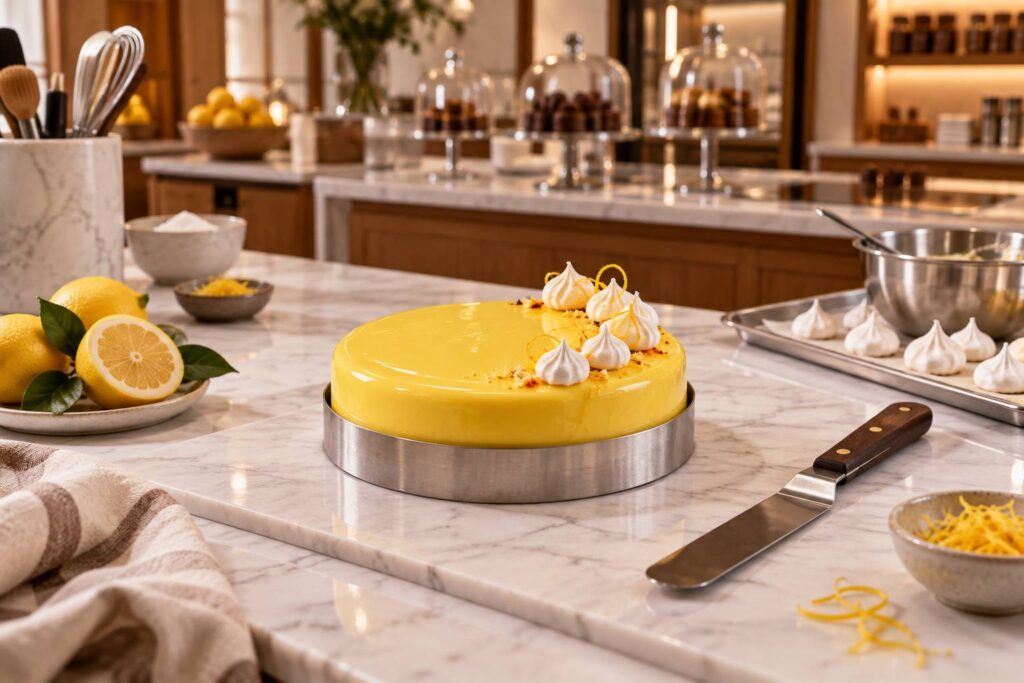 Entremets au citron au glaçage jaune brillant décoré de meringue sur marbre