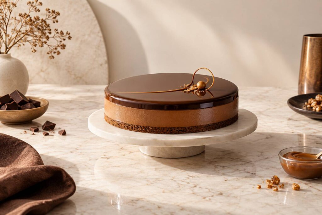 Entremets au chocolat avec base de cookie sur un presentoir en lumiere douce