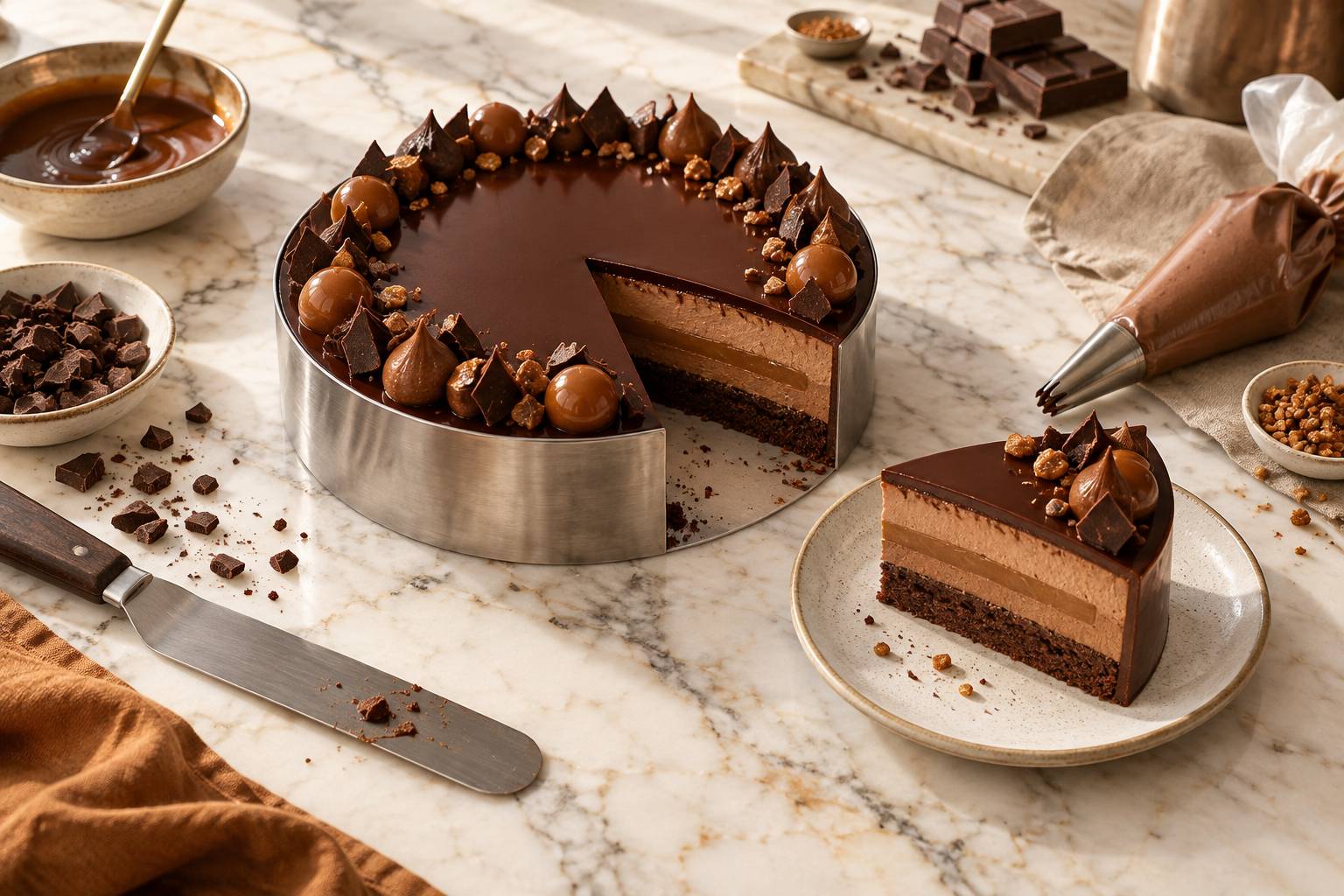 Part d'entremets tranchee montrant biscuit et mousse sur marbre de patisserie