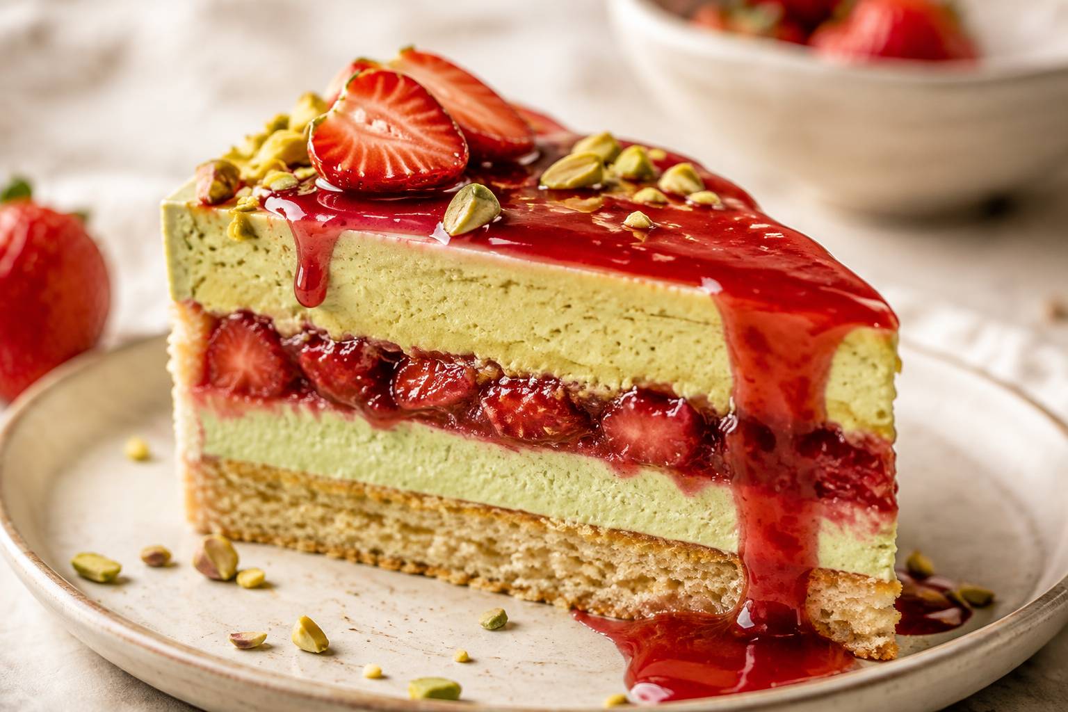 Part d'entremets fraises-pistache en coupe avec couches visibles et filet de coulis de fraise