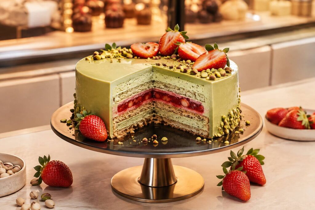 Entremets fraises-pistache à la tranche nette sur un présentoir, fraises fraîches et éclats de pistache