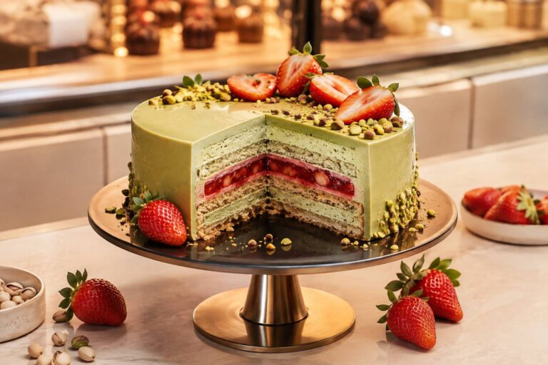 Délice gourmand : Entremets gourmand aux fraises et pistache