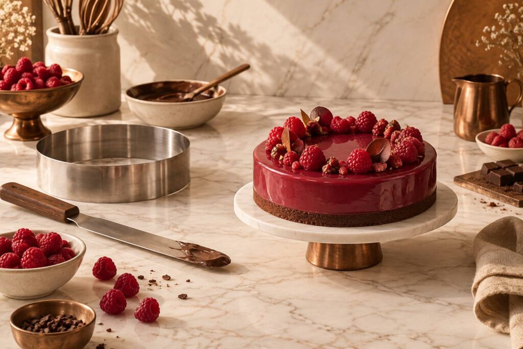 Entremets à la framboise sur marbre clair avec fruits frais