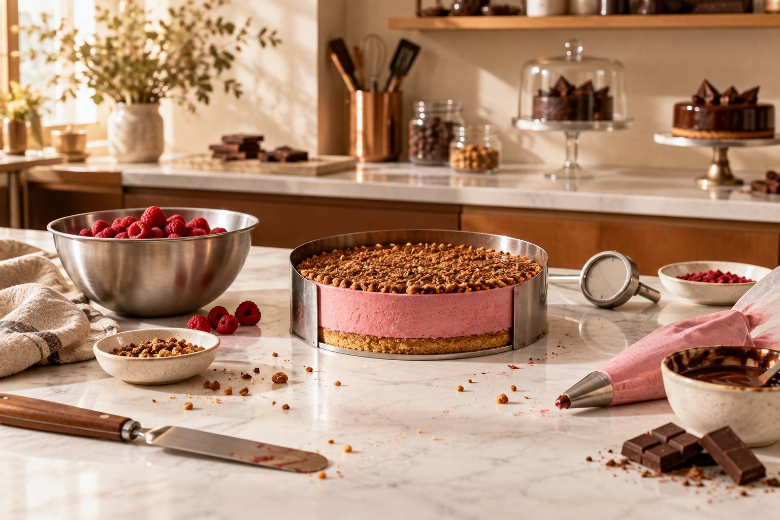 Montage d'un entremets à la framboise dans un cercle à pâtisserie
