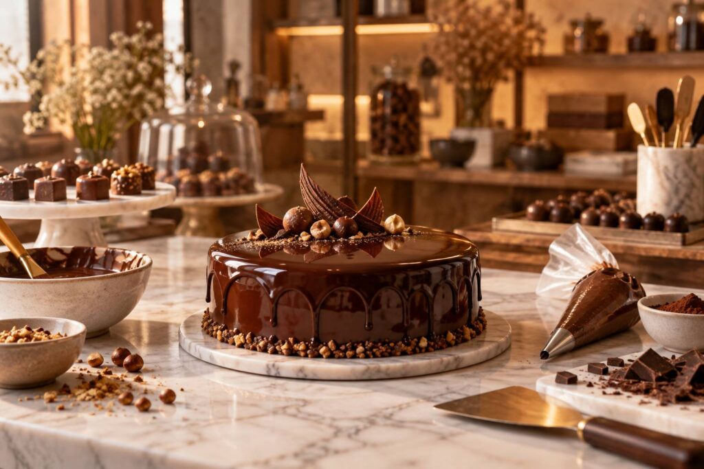 Entremets au glaçage chocolat brillant sur un marbre de pâtisserie