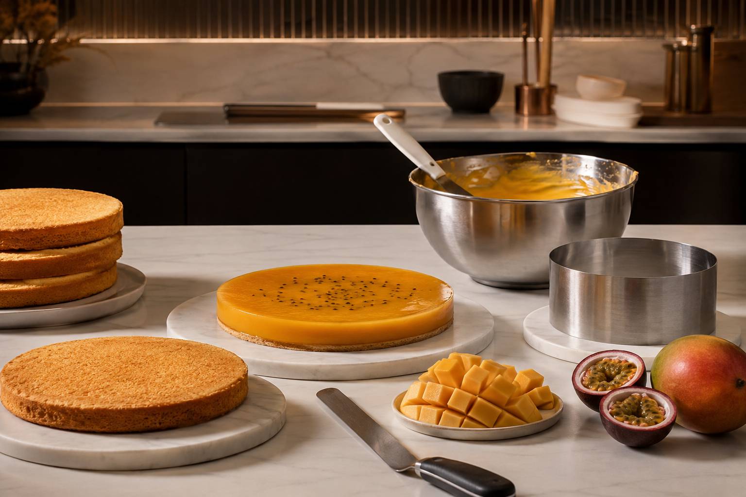 Préparation des couches d'un entremets mangue : biscuit, insert mangue-passion et mousse dans un cul-de-poule