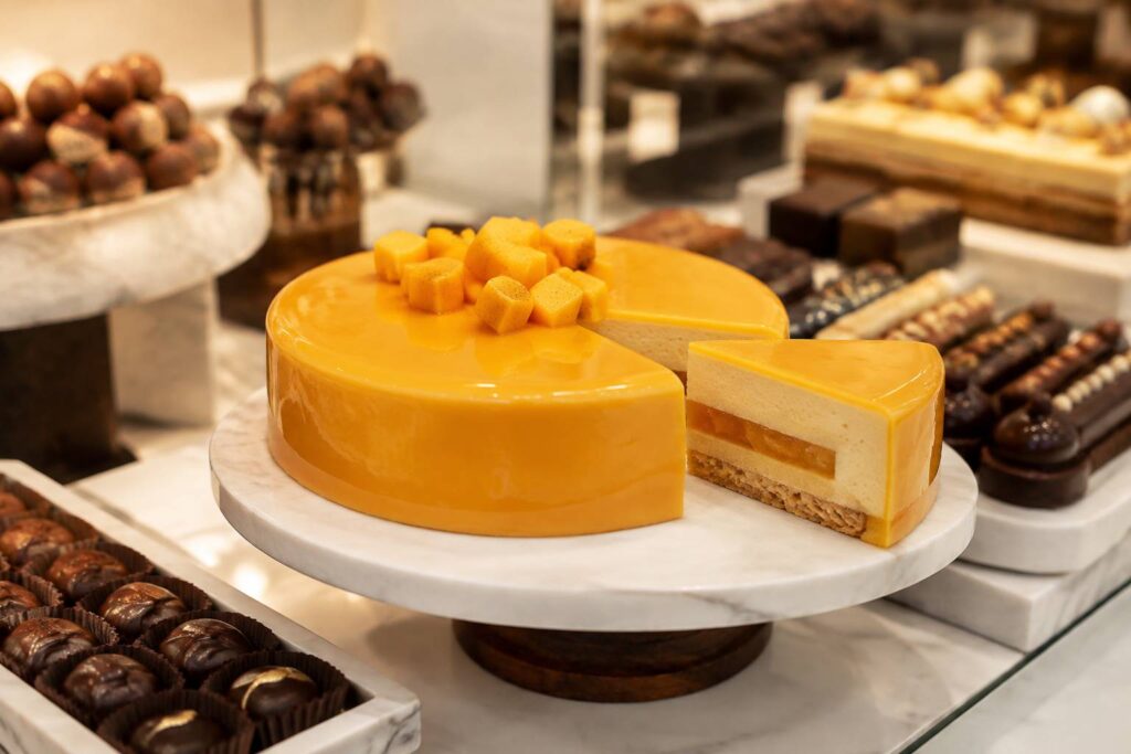 Entremets rond à la mangue au glaçage miroir jaune-orangé avec dés de mangue fraîche sur présentoir
