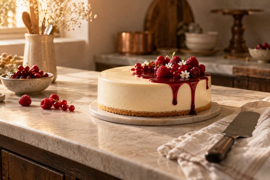 Entremets vanille nappé de coulis rouge avec framboises fraîches sur un comptoir