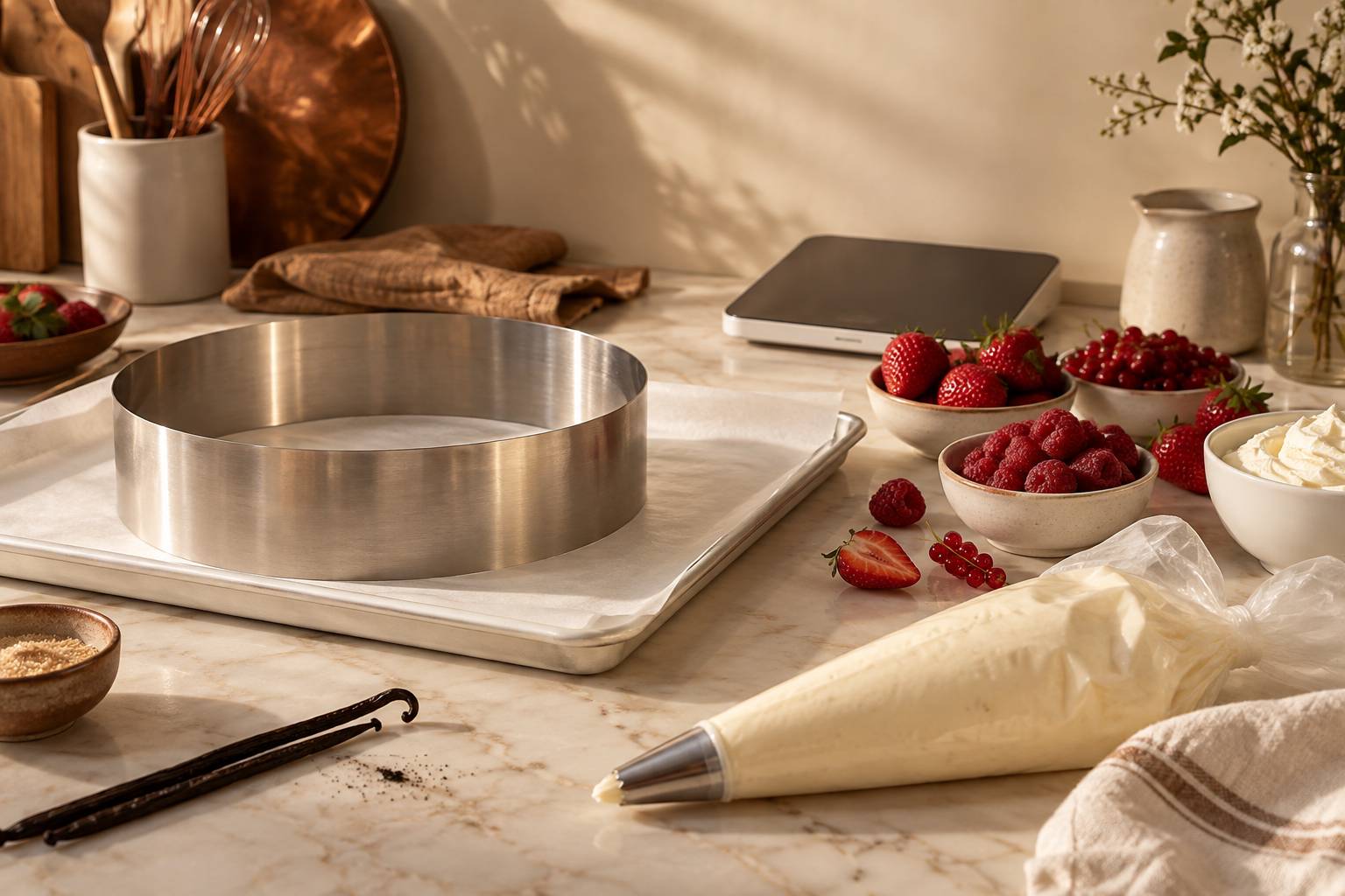 Cercle à entremets et fruits rouges frais sur un plan de travail de pâtisserie