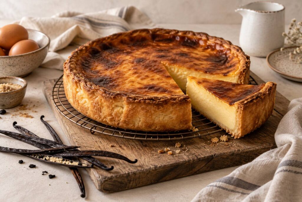 Flan pâtissier à la vanille doré et gousses de vanille sur une grille