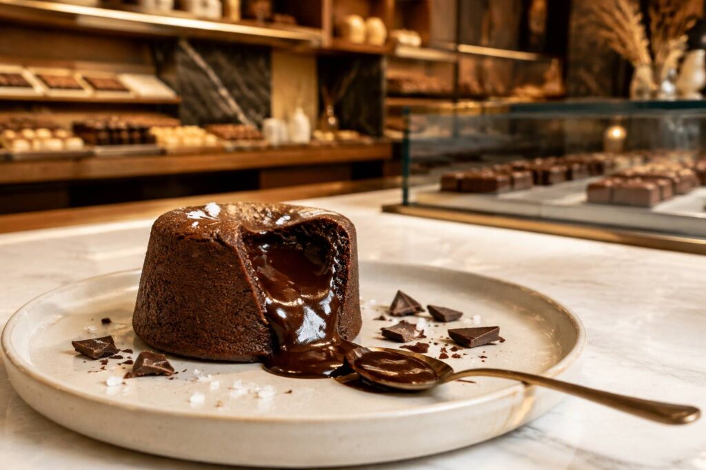 Fondant au chocolat démoulé laissant couler son cœur sur une assiette en céramique claire