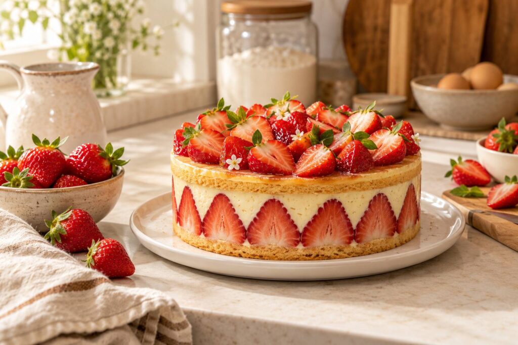 Fraisier rond garni de fraises fraiches et de creme vanille