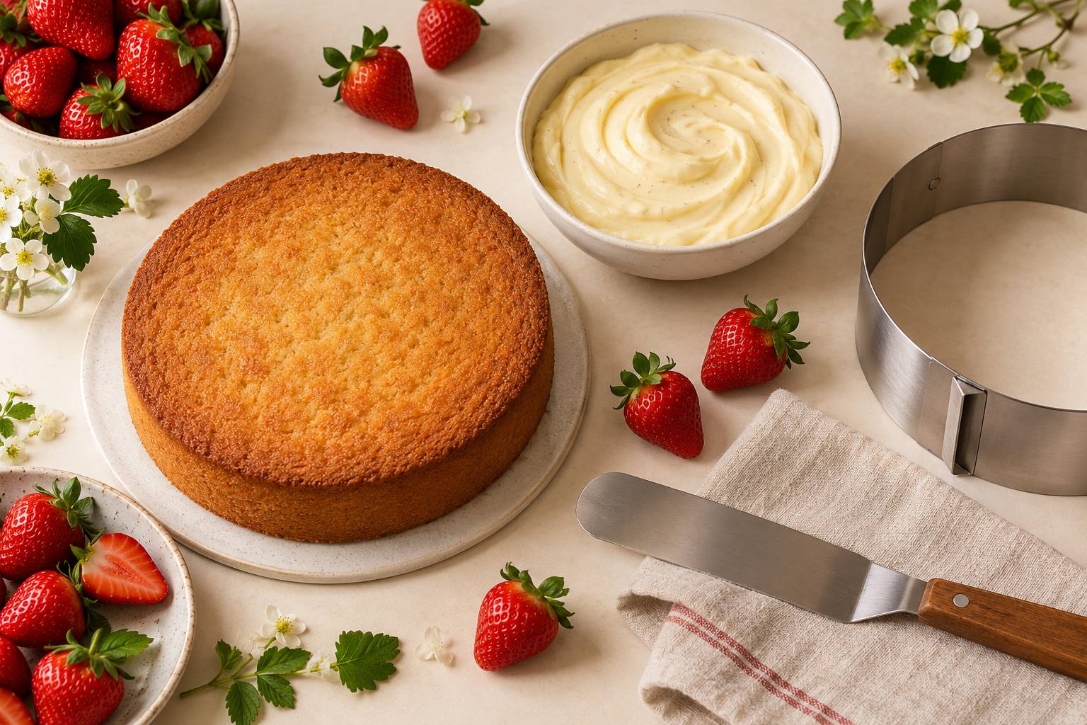 Pain de Genes, creme vanille et fraises fraiches sur un plan de patisserie