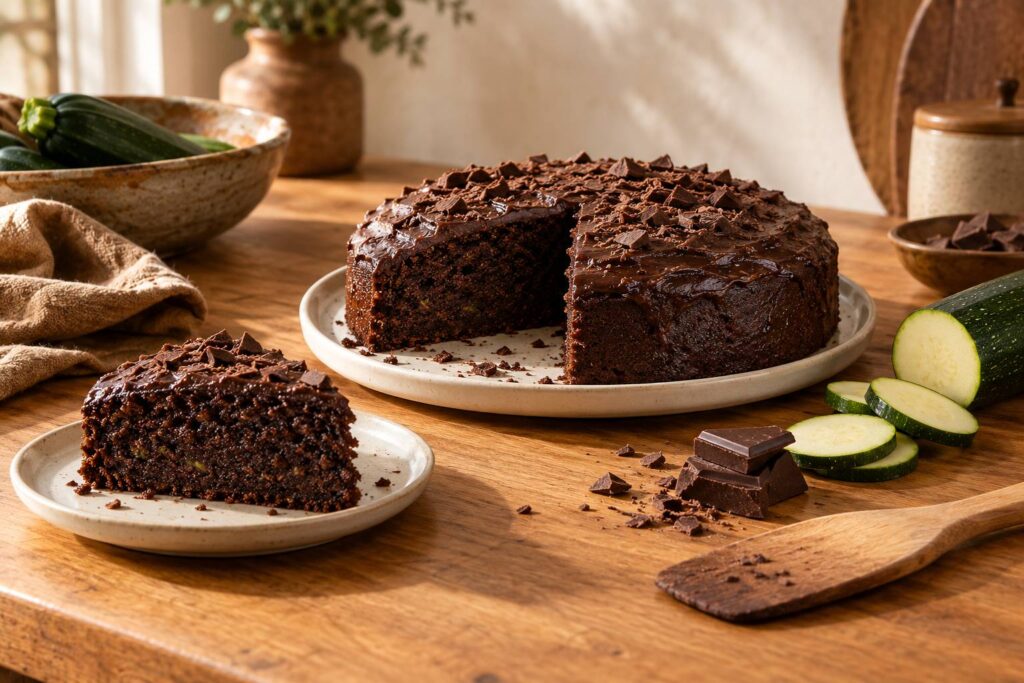 Gateau au chocolat tranche avec courgette fraiche et carre de chocolat