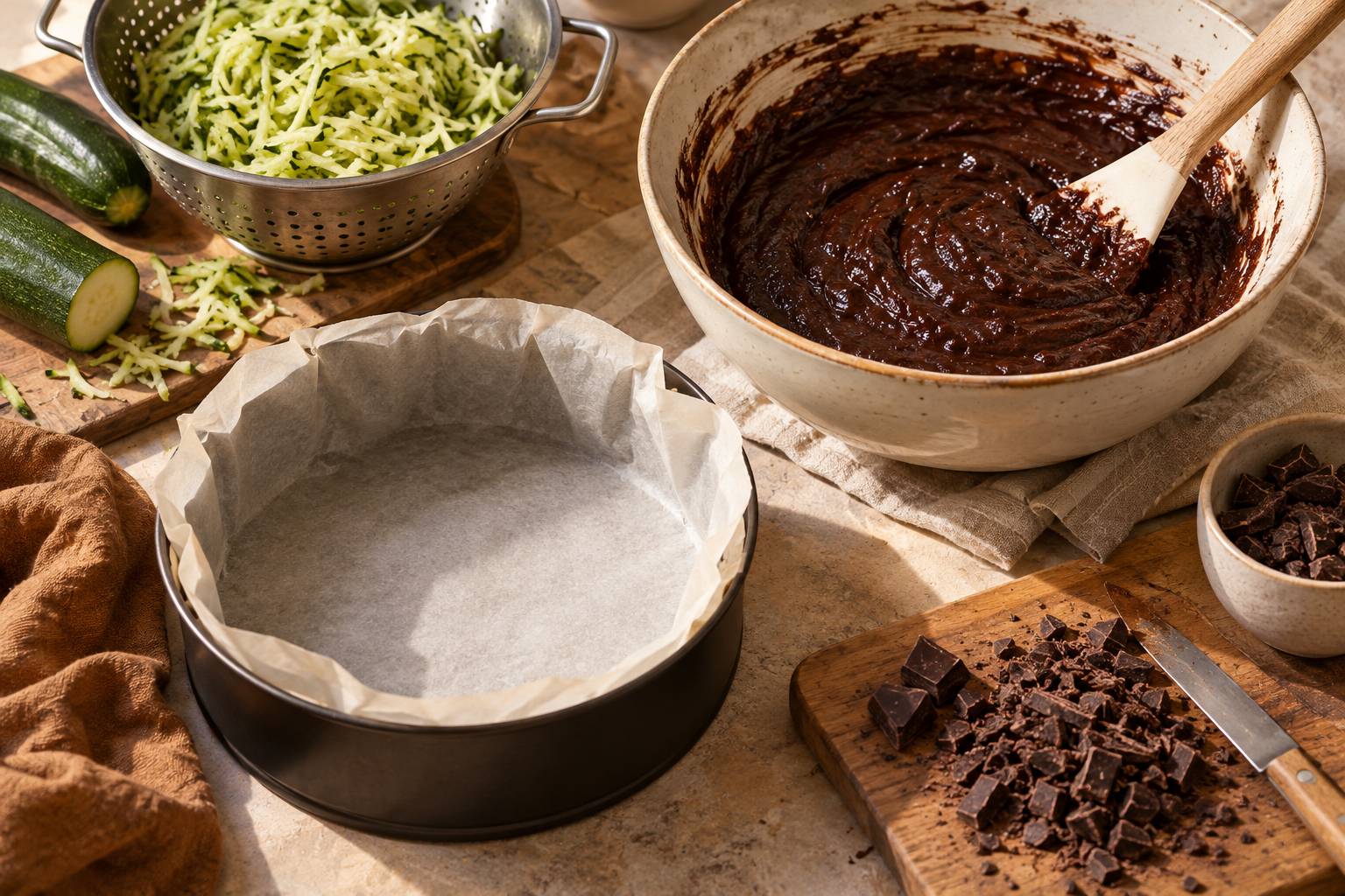 Preparation d'un gateau au chocolat et a la courgette sur un plan de travail