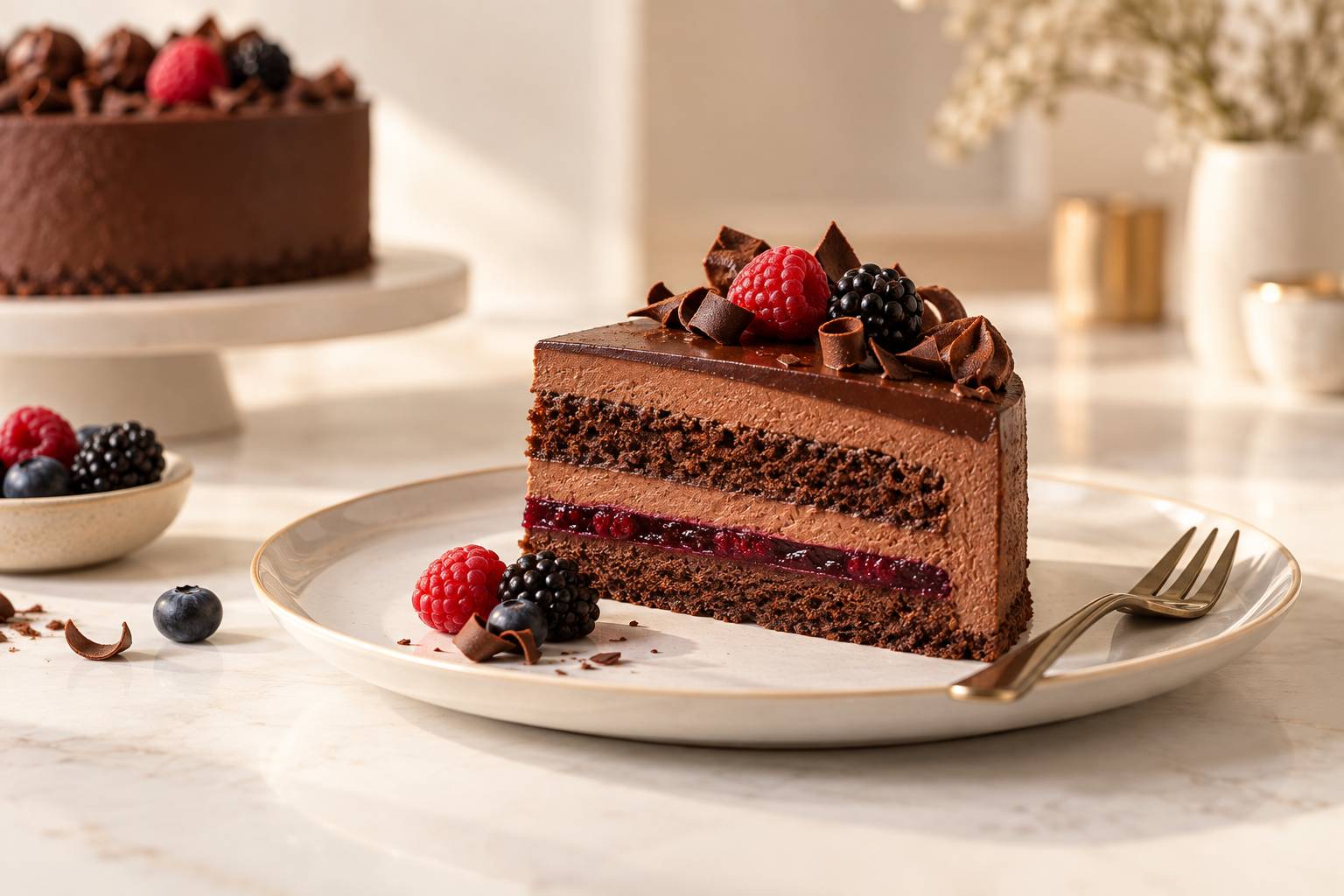 Part de gateau au chocolat devoilant ses couches superposees