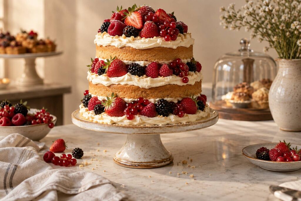 Gâteau à étages vanille garni de fruits rouges sur un présentoir