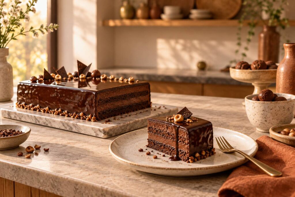 Gâteau au glaçage brillant et larmes de ganache sur une part servie