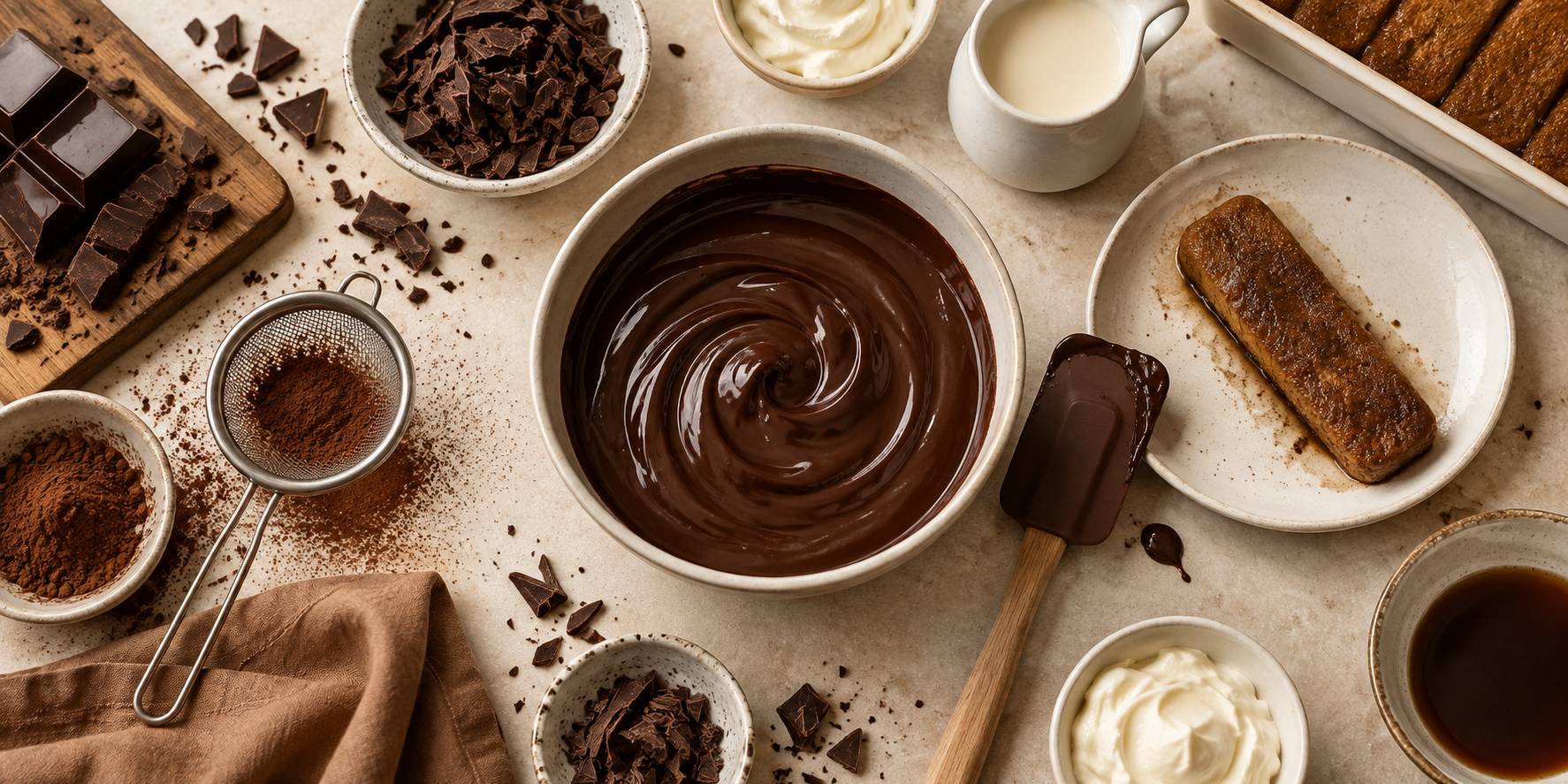 Bol de ganache au chocolat brillante et spatule sur un plan de travail de pâtisserie