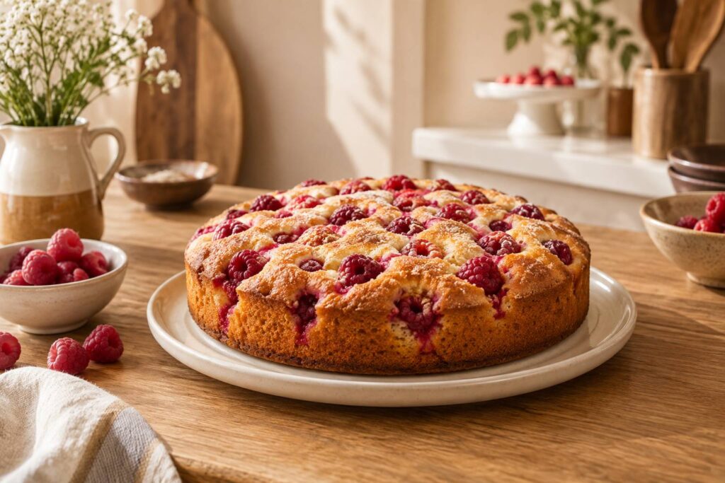 Gateau leger aux framboises fraiches sur un plat en ceramique creme