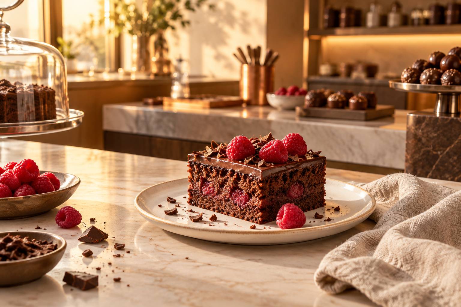 Part de gateau aerien aux framboises coupee sur une assiette et torchon en lin