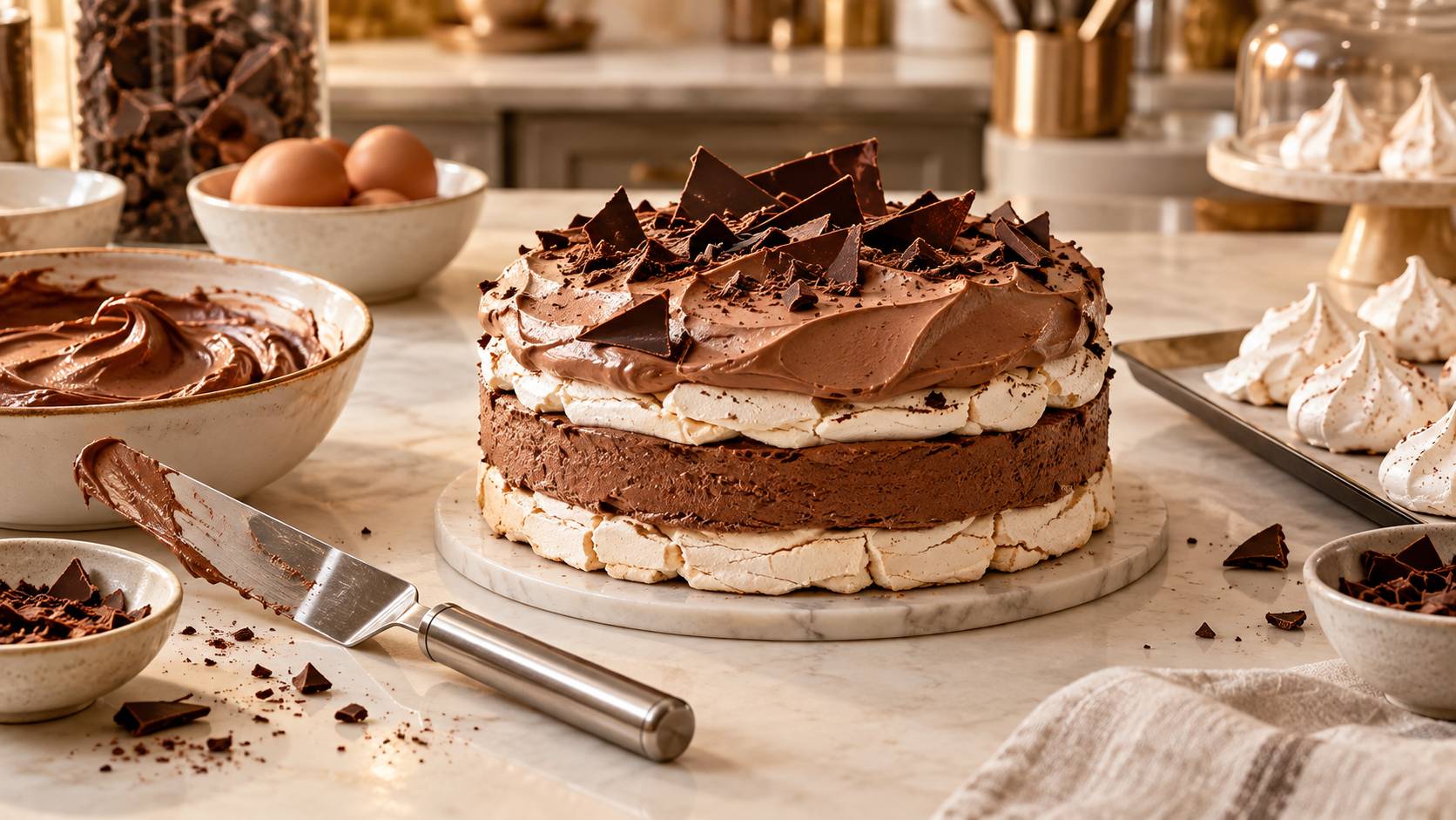 Montage d'un gâteau meringué au chocolat avec spatule et copeaux