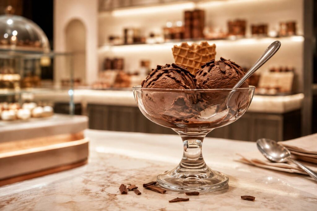 Coupe de glace au chocolat crémeuse avec copeaux de chocolat