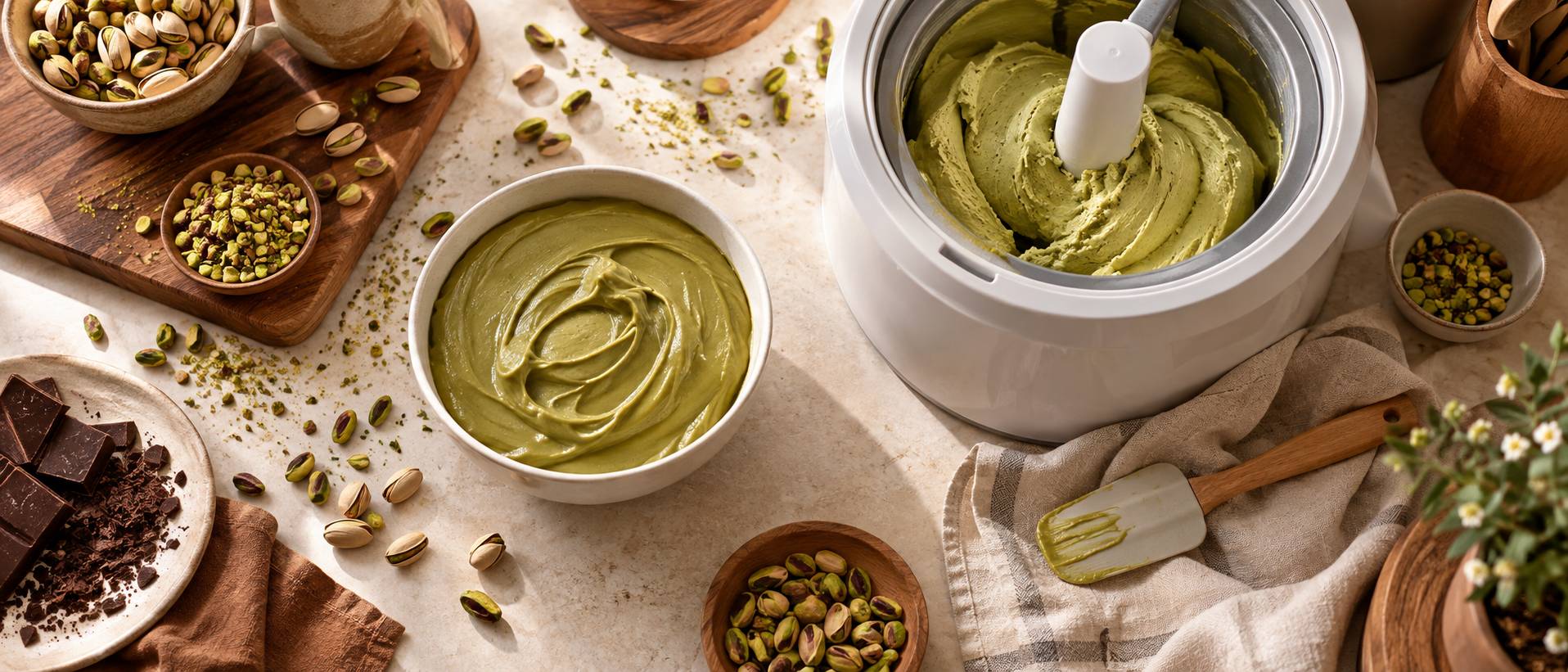 Pate de pistache et pistaches concassees sur un plan de travail de patisserie