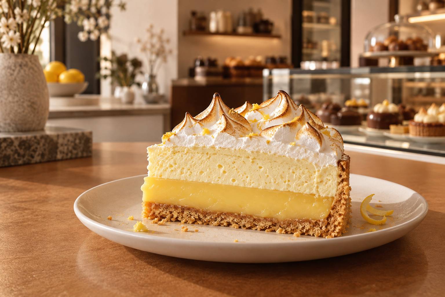 Gros plan sur une part d'entremets au citron montrant ses couches