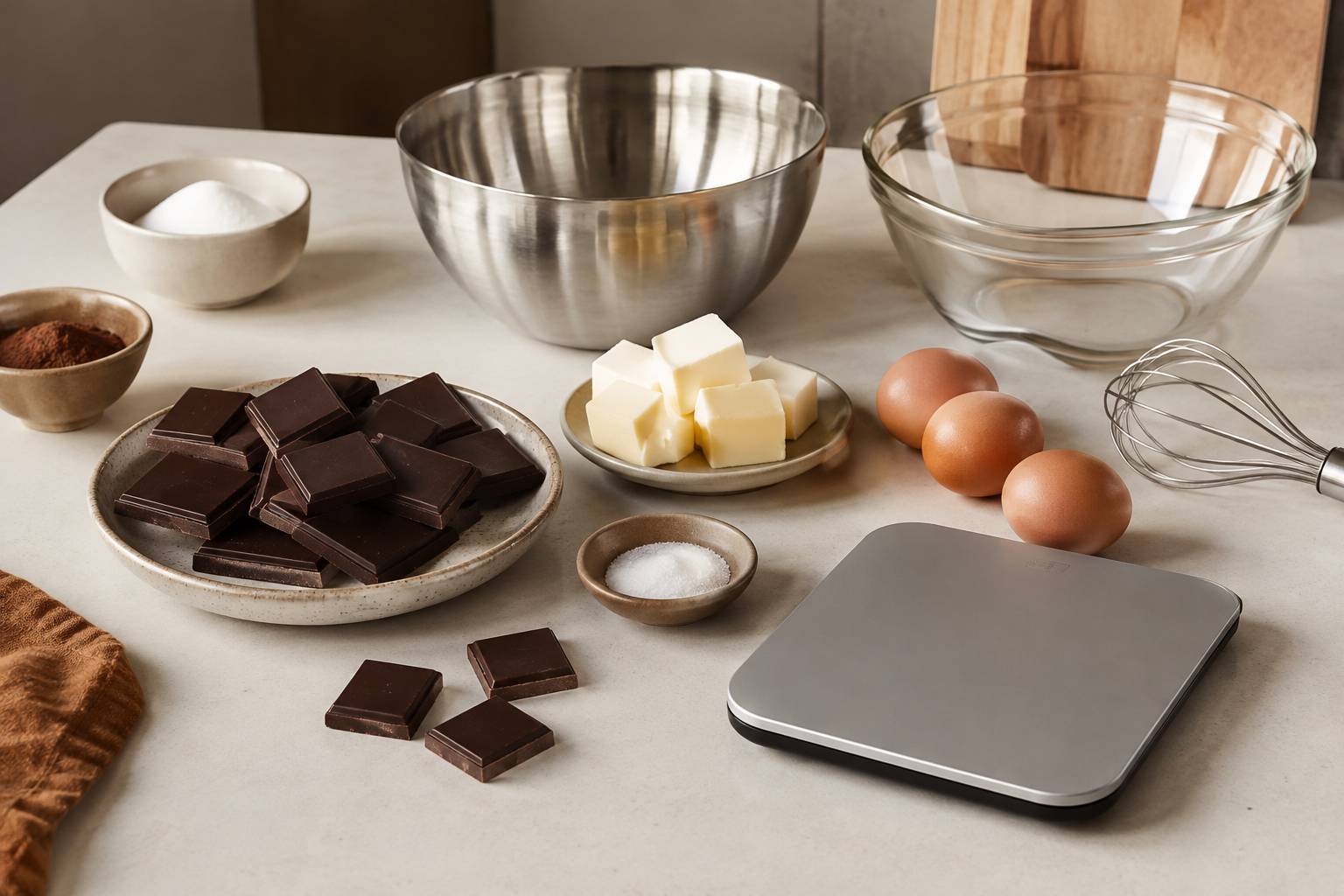 Carrés de chocolat noir, beurre, œufs et fouet réunis pour préparer la pâte d'un fondant