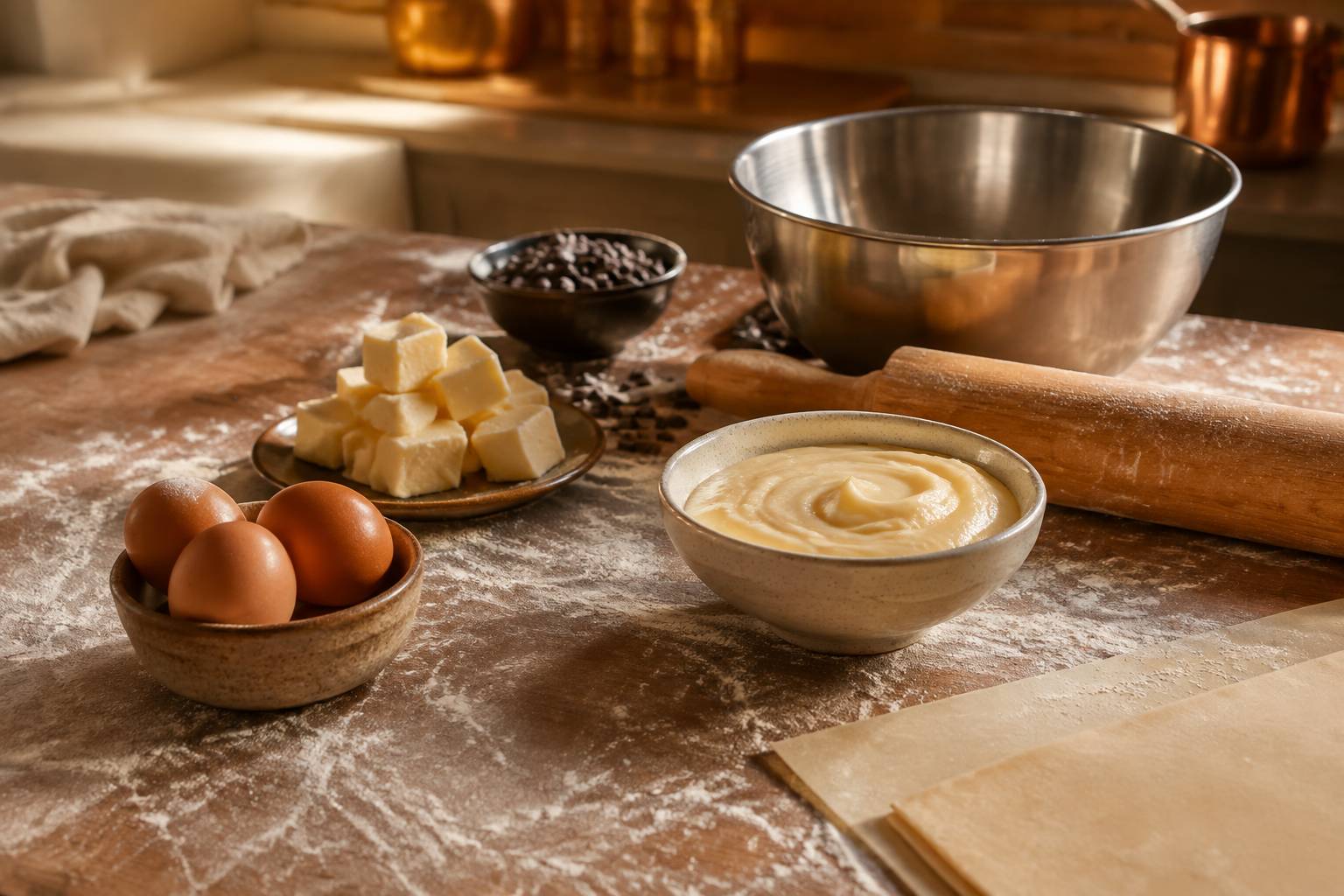 Ingrédients de pains suisses : œufs, beurre, pépites de chocolat et crème pâtissière sur plan de travail fariné