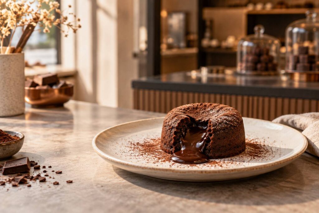 Moelleux au chocolat au cœur fondant posé sur une assiette claire