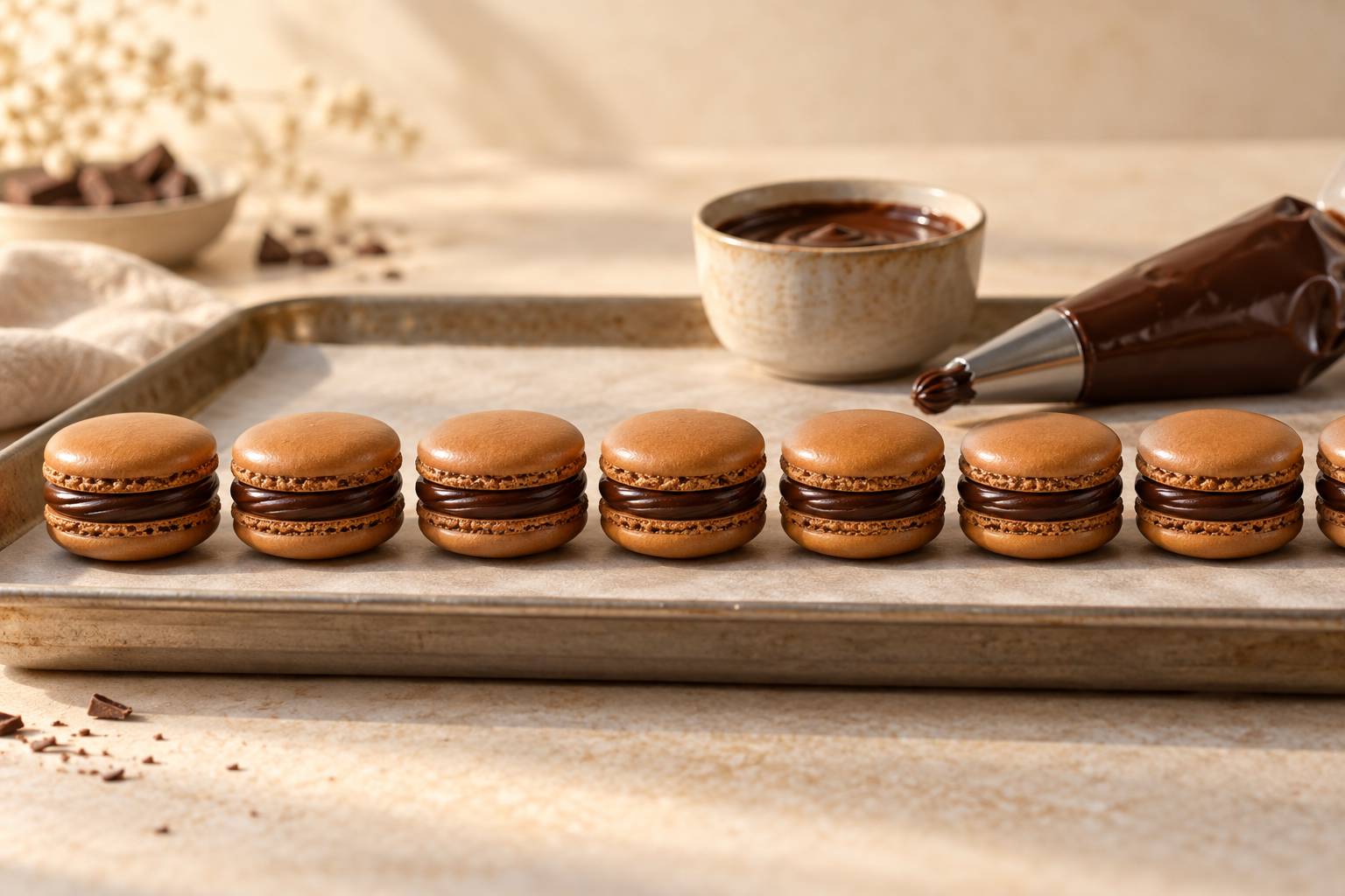 Macarons aux coques lisses avec poche à douille et chocolat fondu sur fond crème