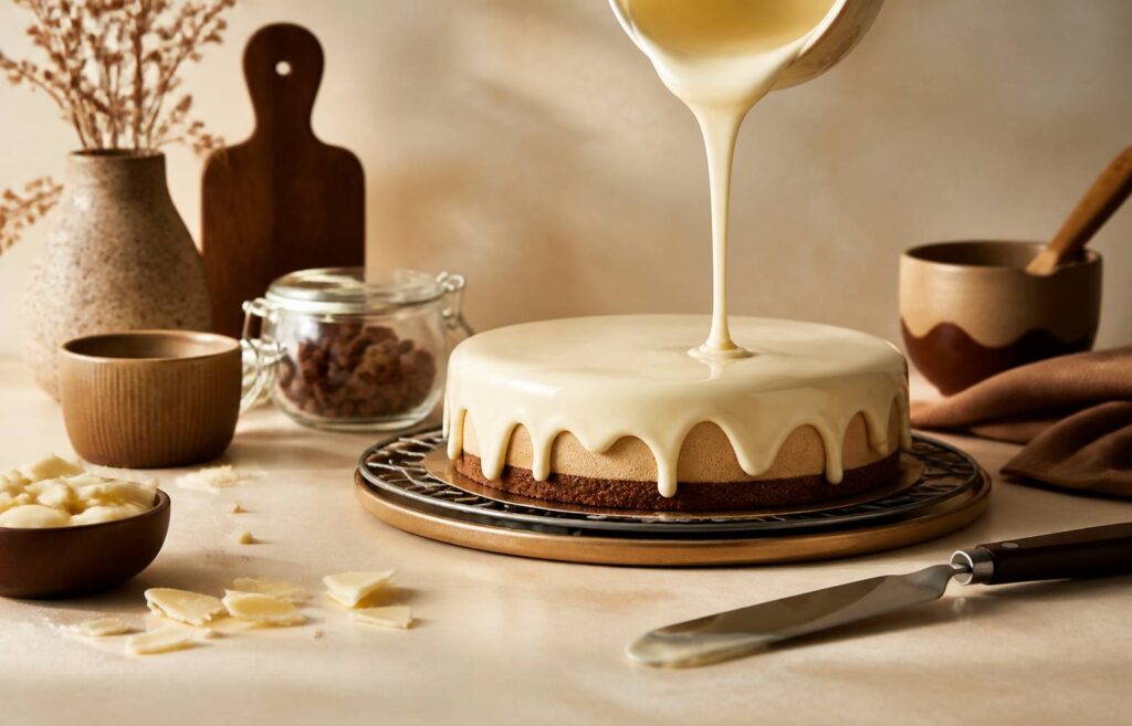 Glaçage miroir au chocolat blanc coulé sur un entremets bien lisse
