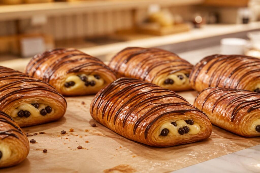 Pains suisses dorés garnis de crème pâtissière et de pépites de chocolat sur un comptoir de boulangerie