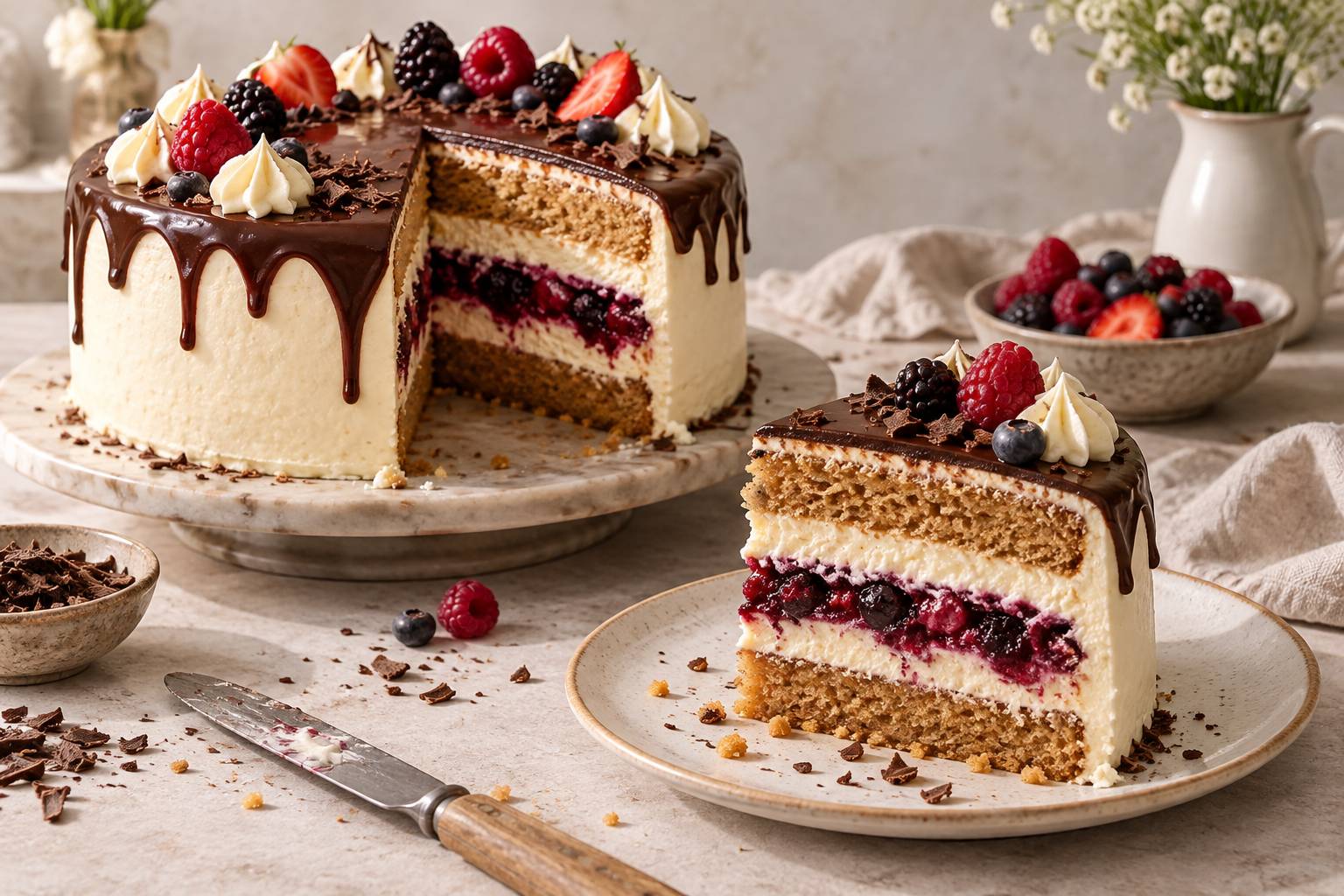 Part de gâteau vanille aux fruits rouges montrant ses couches nettes