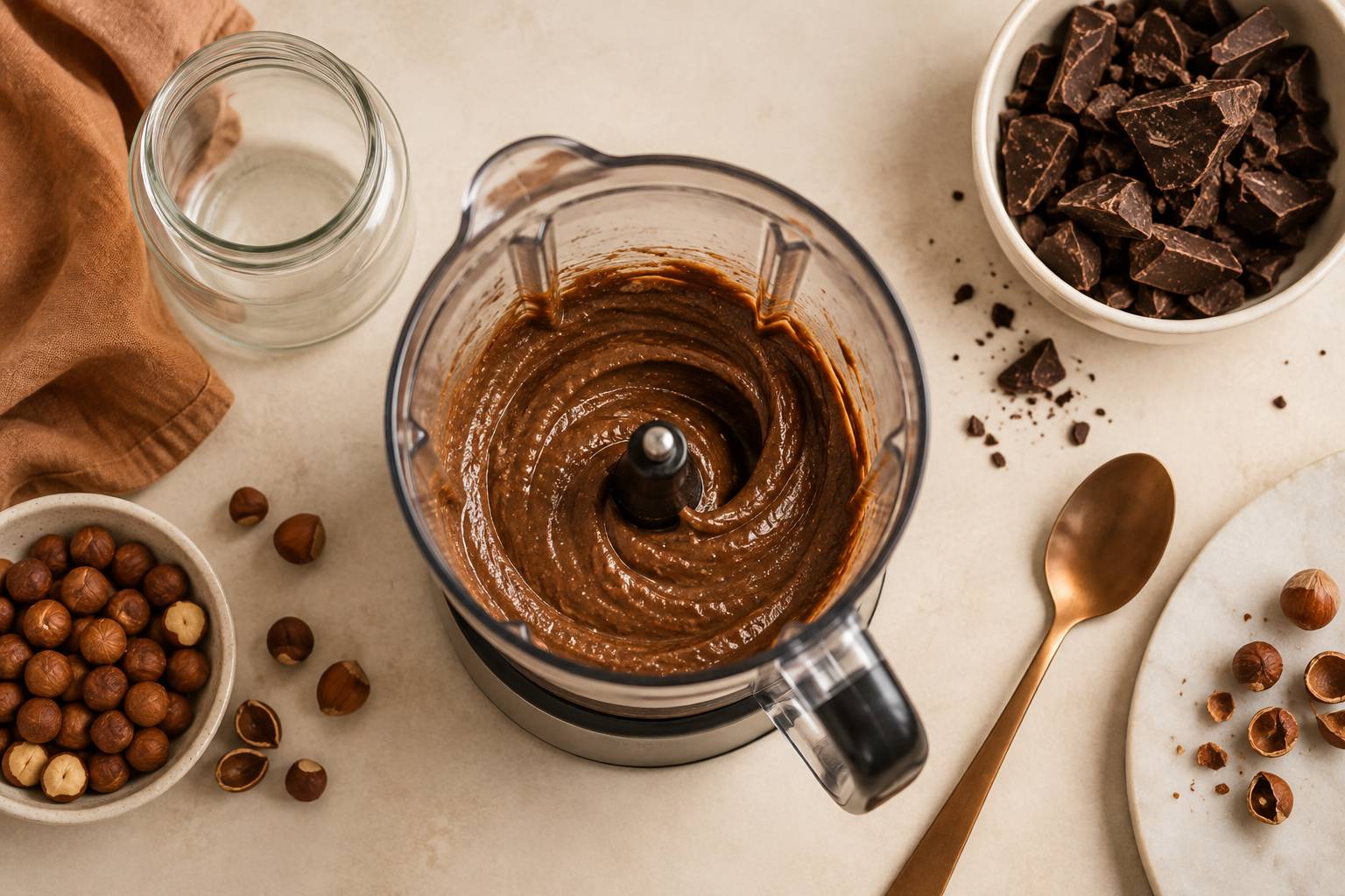 Blender et bocal en verre prepares pour une pate a tartiner maison