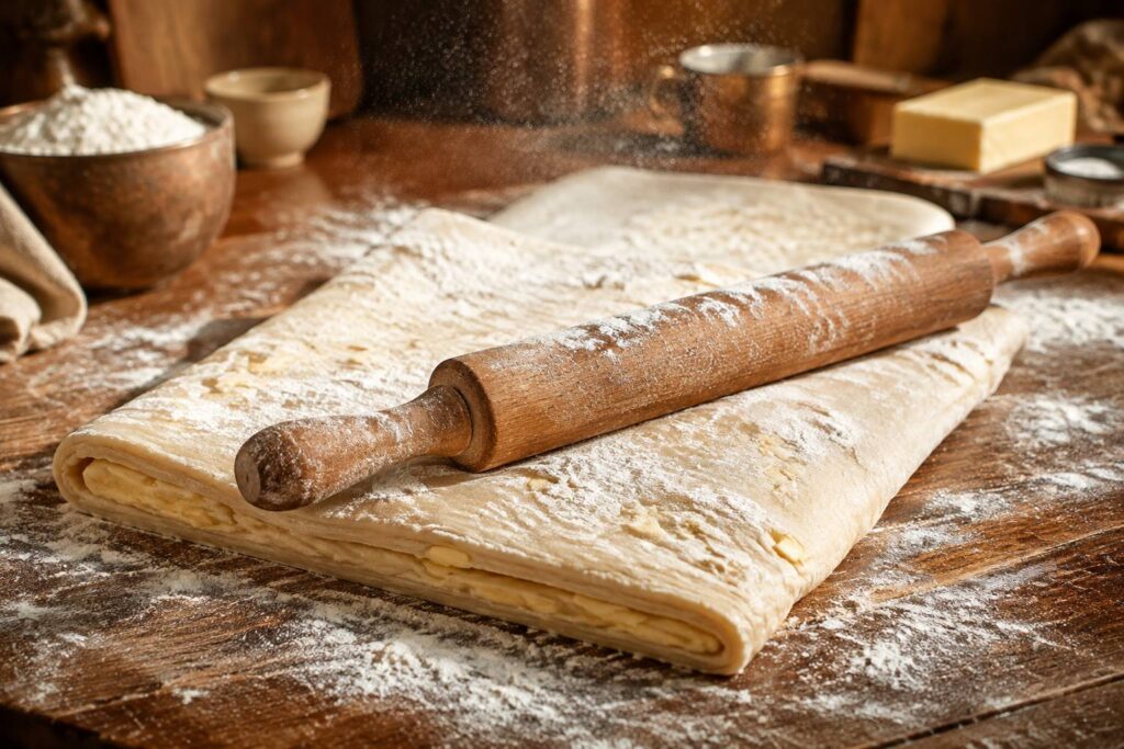Pâte feuilletée express étalée sur un plan de travail fariné avec morceaux de beurre froid visibles