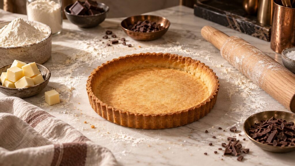 Fond de tarte en pâte sucrée doré sur un plan de travail fariné avec rouleau en bois