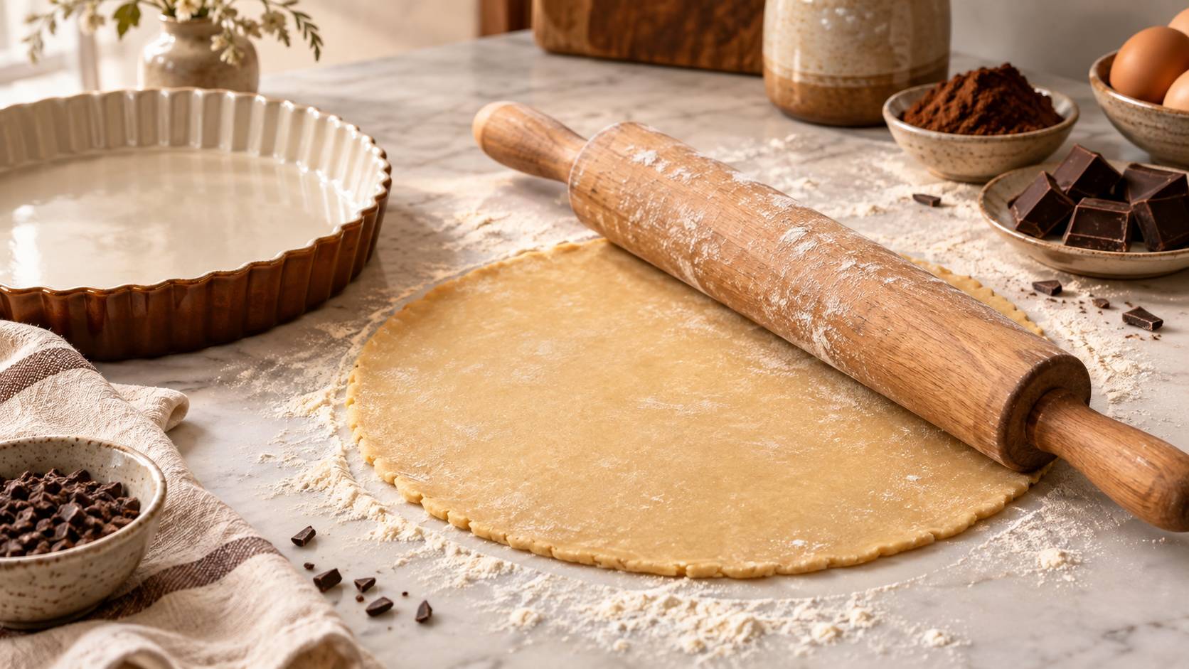 Disque de pâte sucrée étalé au rouleau sur un plan de travail fariné