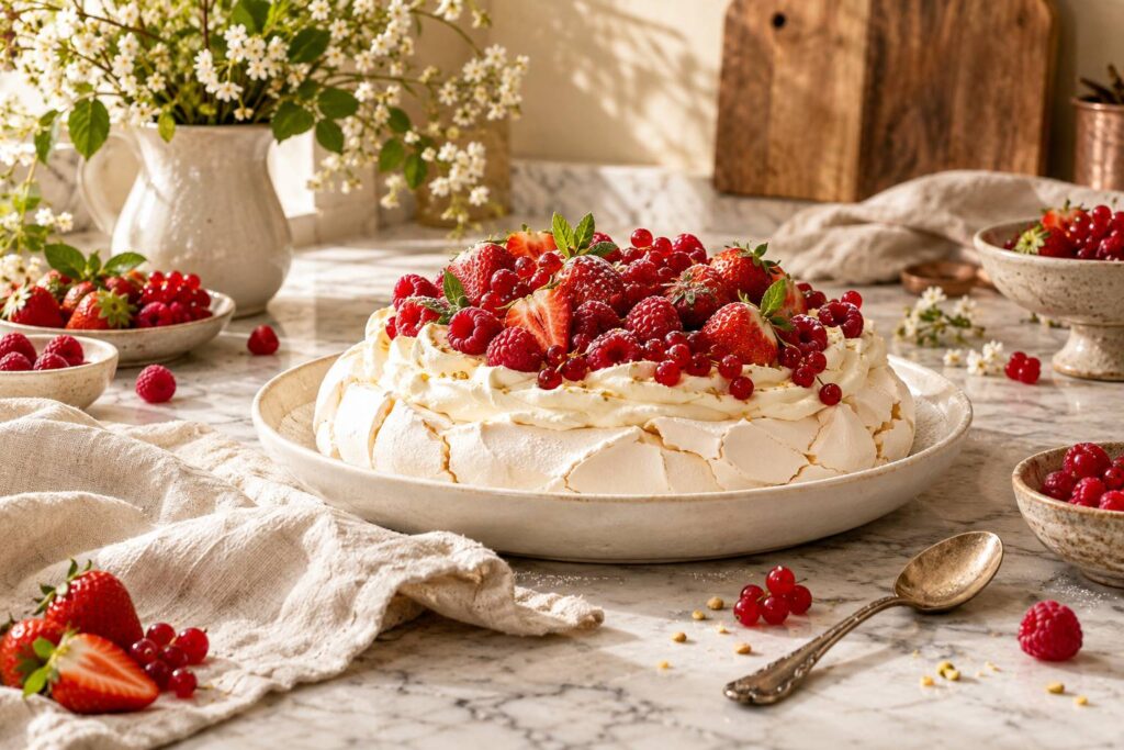 Pavlova a la creme et aux fruits rouges sur un comptoir de patisserie