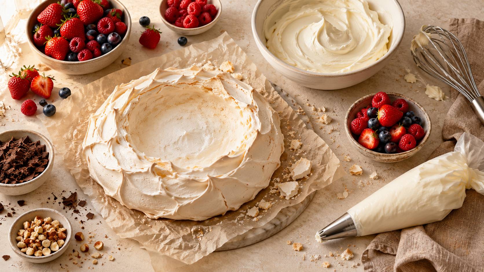 Coque de meringue sechee et fruits rouges sur un plan de travail