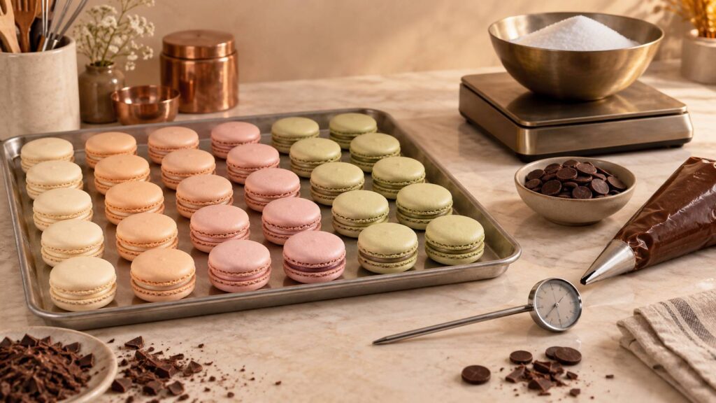 Plan de travail de pâtissier avec macarons pastel, balance de précision et poche à douille