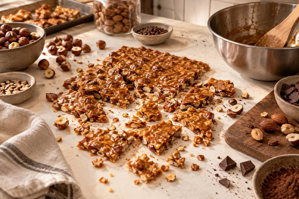 Praline maison dore brise sur un plan de travail avec noisettes et amandes